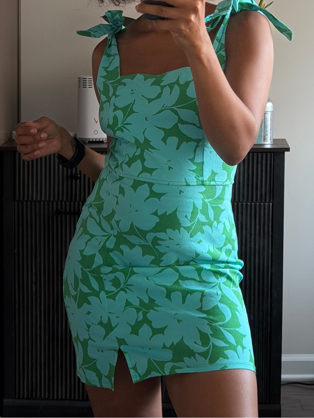 Trixxi Green Floral Tie-Strap Mini Dress